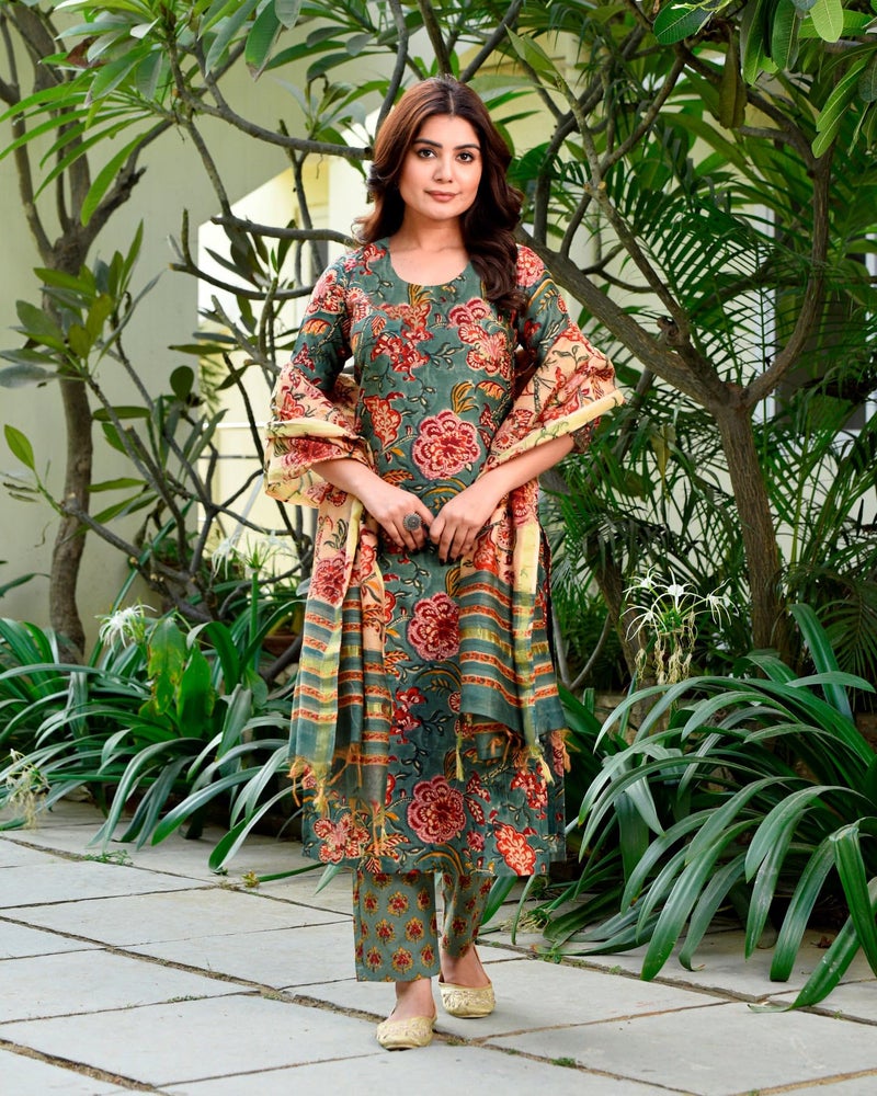 ANNI DESIGNER Women's Cotton Blend Straight Printed Kurta with Pant & Dupatta (FTA Green_S_Green_Small) - Image 2