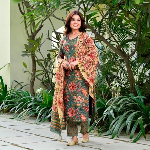 ANNI DESIGNER Women's Cotton Blend Straight Printed Kurta with Pant & Dupatta (FTA Green_S_Green_Small) - Image 3