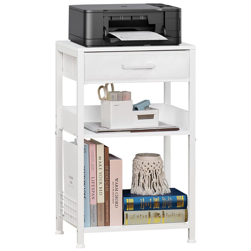 Lerliuo White Printer Stand with Fabric Drawer, 3 Tier Industrial Side Table, Modern Small Printer Desk Holder with Storage Shelf,Multi-Functional Bedside Tables for Home Office Fax Machine Scanner - Image 1