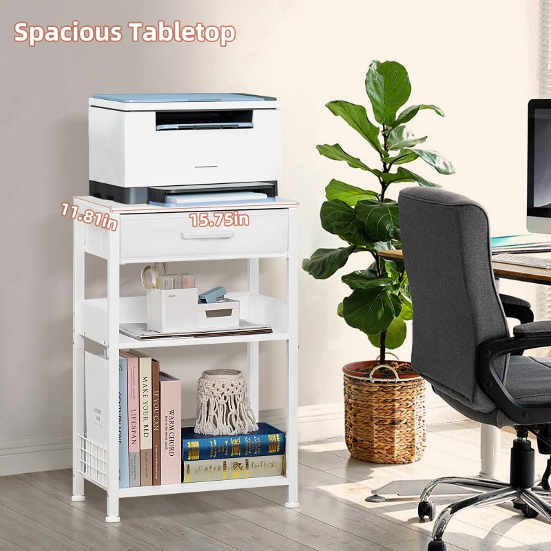 Lerliuo White Printer Stand with Fabric Drawer, 3 Tier Industrial Side Table, Modern Small Printer Desk Holder with Storage Shelf,Multi-Functional Bedside Tables for Home Office Fax Machine Scanner - Image 3