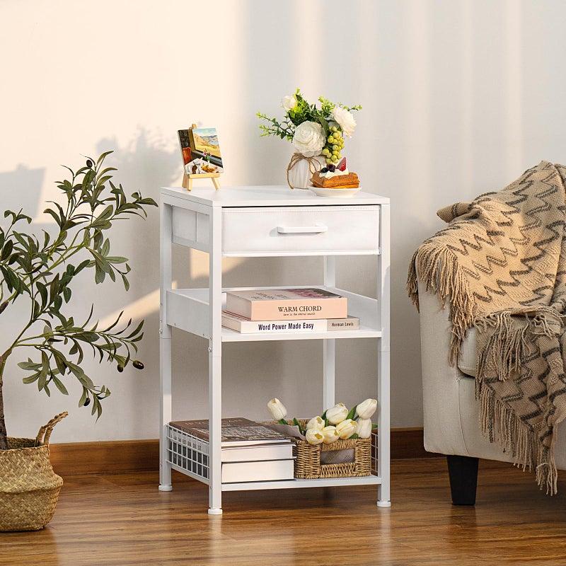 Lerliuo White Printer Stand with Fabric Drawer, 3 Tier Industrial Side Table, Modern Small Printer Desk Holder with Storage Shelf,Multi-Functional Bedside Tables for Home Office Fax Machine Scanner - Image 2