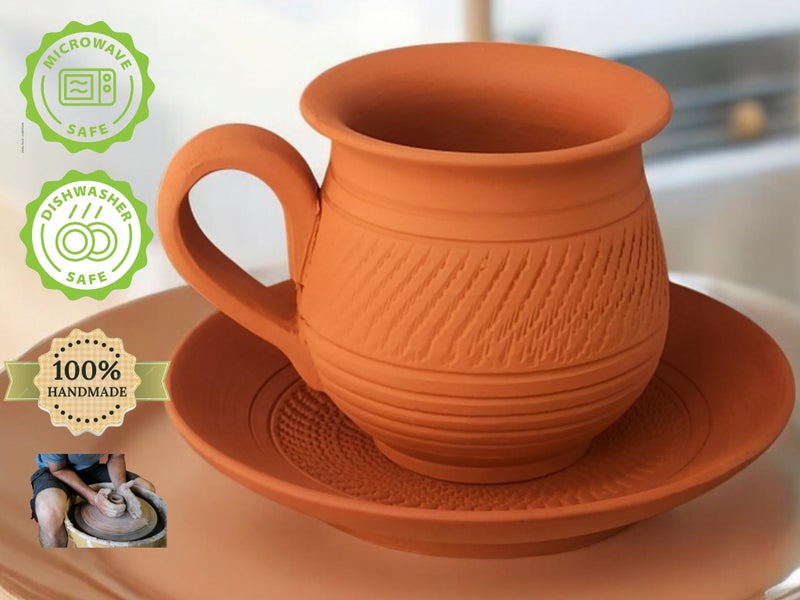 RKD Enterprise Handcrafted Terracotta Clay Tea Cups Set | Eco-Friendly Kulhad for Chai, Coffee & Milk | Indian Earthenware Cup Set with Saucers | Handmade Mud Cups for Home, Café & Gifting (Set of 4) - Image 3