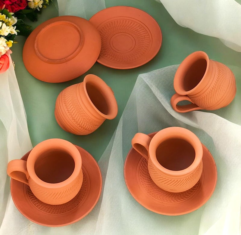 RKD Enterprise Handcrafted Terracotta Clay Tea Cups Set | Eco-Friendly Kulhad for Chai, Coffee & Milk | Indian Earthenware Cup Set with Saucers | Handmade Mud Cups for Home, Café & Gifting (Set of 4) - Image 1