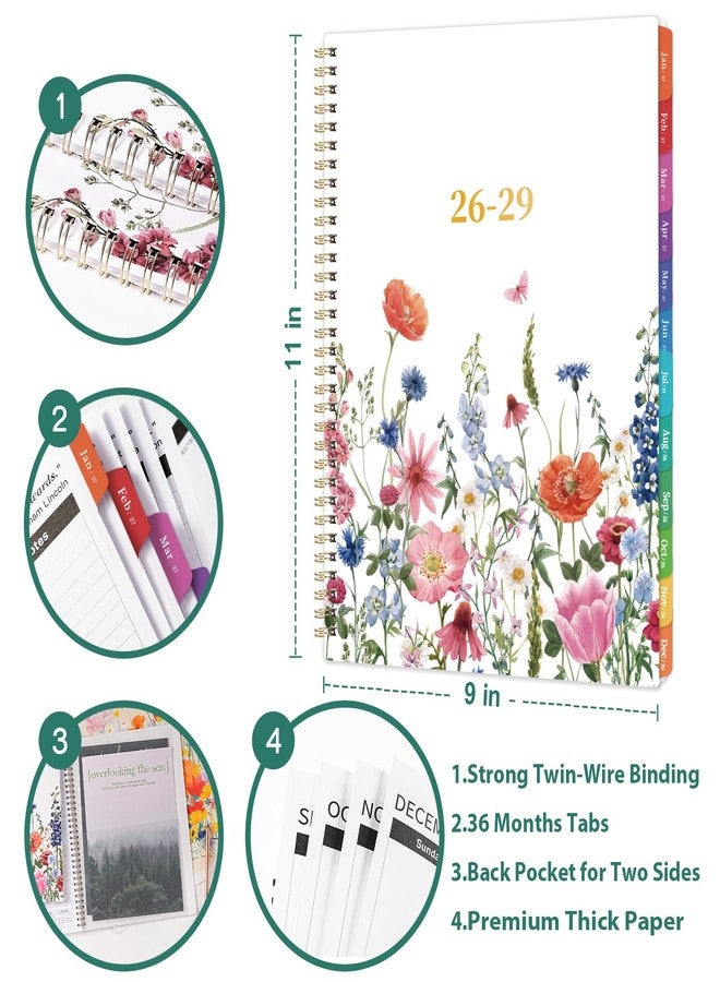Planrage 2026-2029 Monthly Planner - 3 year planner 2026-2029, Jul. 2026 - Jun. 2029, 3 Year Calendar 2026-2027-2028 monthly planner, 9" x 11", 36 Month Calendar with Colourful Tabs + Back Pocket - Flowers - Image 3