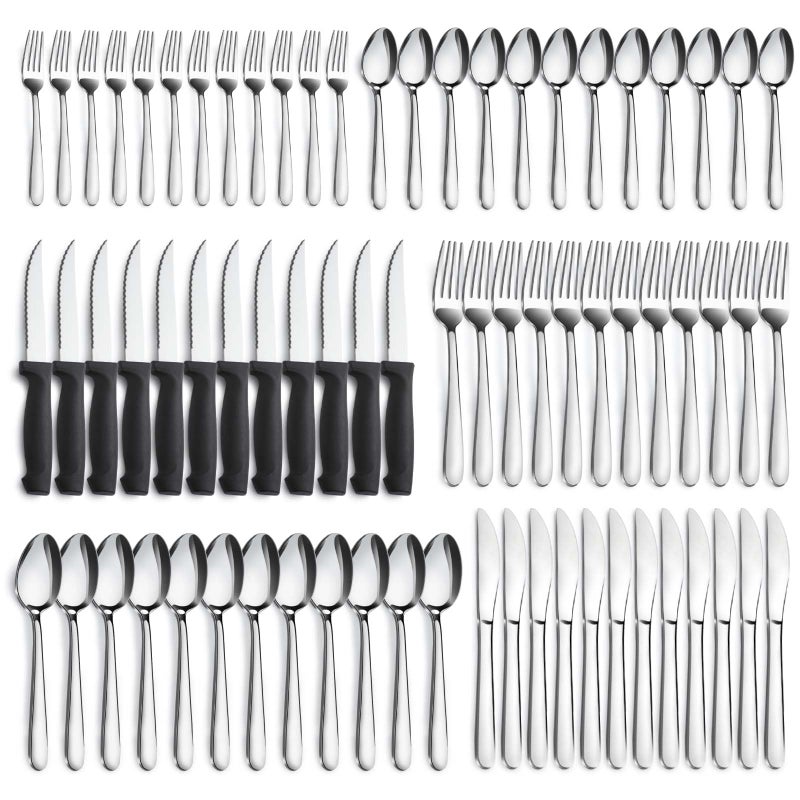 Pleafind 72Pieces Silverware Set for 12 Flatware Set with Steak Knives Stainless Steel Cutlery Set Include Forks Spoons and Knives Set Dishwasher Safe Utensil Sets for Home Restaurant