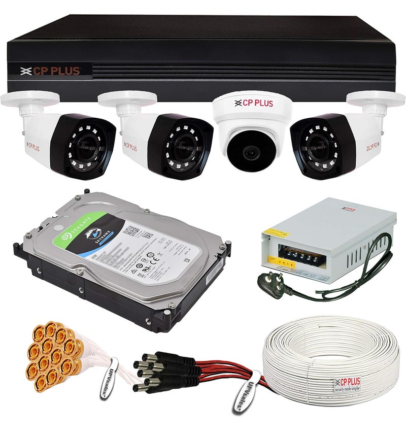 CP PLUS Wired 5MP H265 4Camera Combo Kit with 4Ch DVR Dome 3 Bullet Cameras 1TB Hard Drive Power Supply 90Mtr Cable Audio Mic and Connectors 5MegaPixel CCTV Surveillance Security Camera Set - Image 1