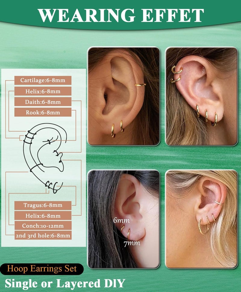 AMASIS 1 Pair 6mm Gold Huggie Hoop Earrings, Slim 14K Gold Plated Stainless Steel Small Hoop for Cartilage & Helix, Hypoallergenic Hinged Sleeper Earrings for Women Men (1.6mm Thin) - Image 5