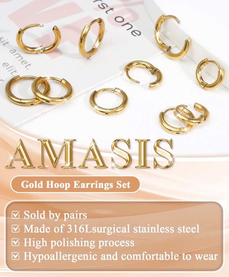 AMASIS 1 Pair 6mm Gold Huggie Hoop Earrings, Slim 14K Gold Plated Stainless Steel Small Hoop for Cartilage & Helix, Hypoallergenic Hinged Sleeper Earrings for Women Men (1.6mm Thin) - Image 4