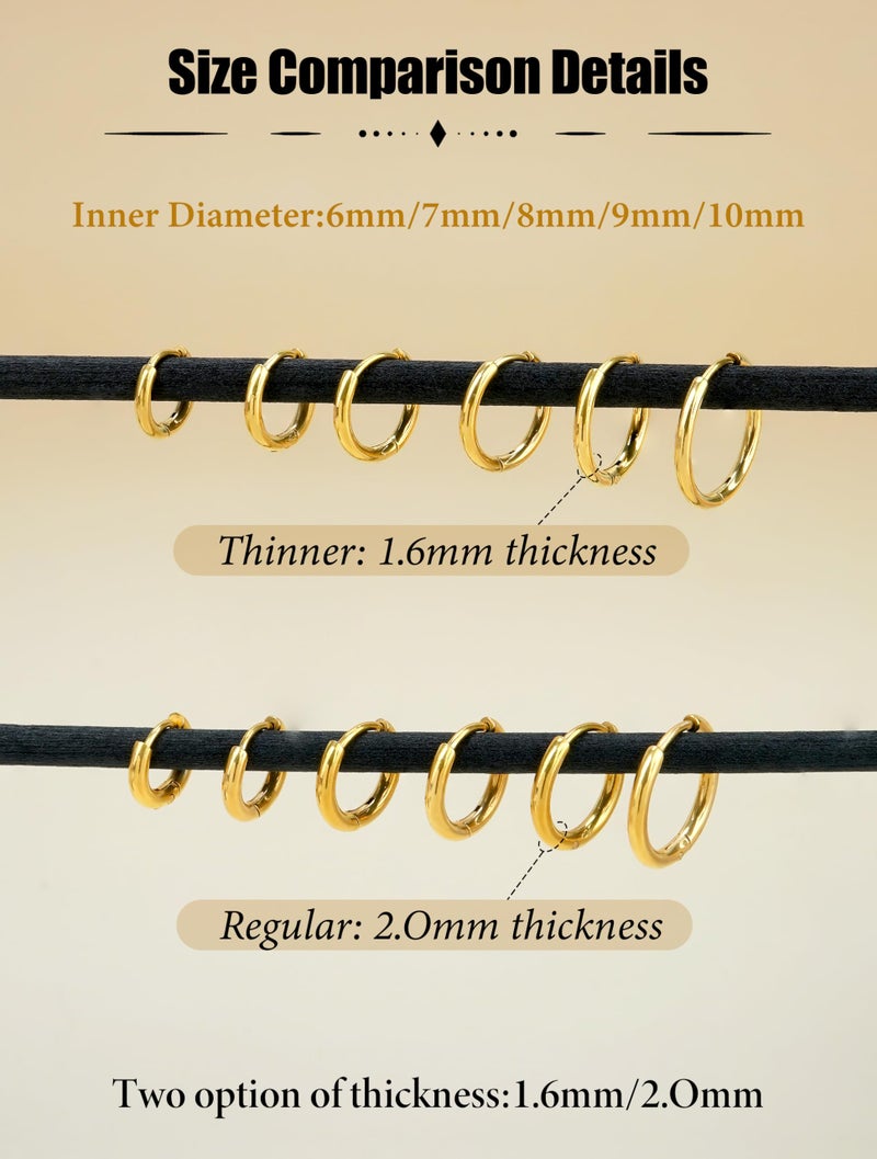 AMASIS 1 Pair 6mm Gold Huggie Hoop Earrings, Slim 14K Gold Plated Stainless Steel Small Hoop for Cartilage & Helix, Hypoallergenic Hinged Sleeper Earrings for Women Men (1.6mm Thin) - Image 3