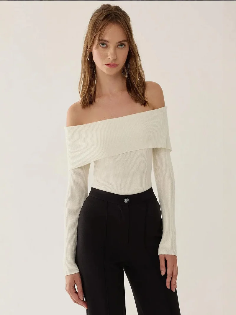 HICCUP Off Shoulder Madonna Collar Knit Top