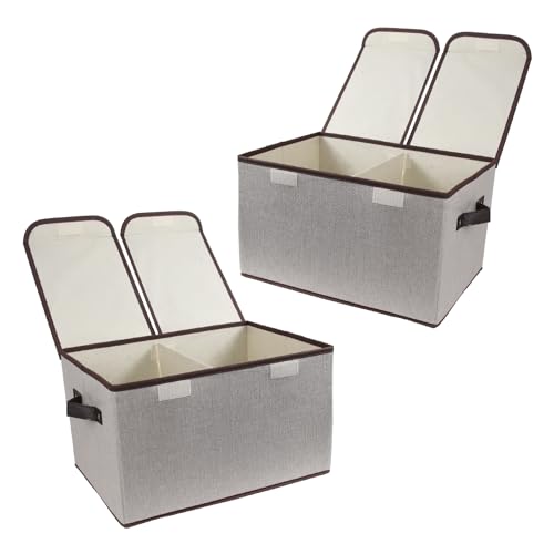Tcbelosion Foldable Fabric Storage Box with Double-Lid & Dividers, Large Organizer for Home, Closet, Office (Grey, 2 Packs) - Image 1