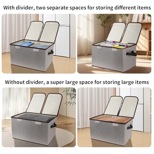 Tcbelosion Foldable Fabric Storage Box with Double-Lid & Dividers, Large Organizer for Home, Closet, Office (Grey, 2 Packs) - Image 5