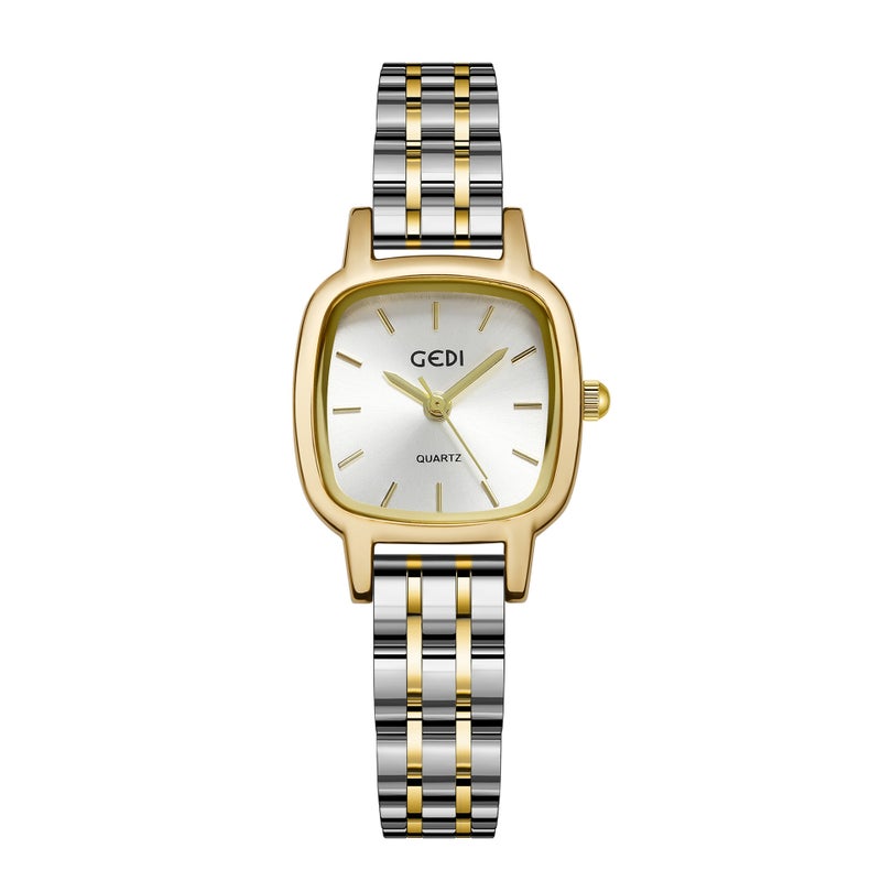 Waterproof Steel Strap Ladies Timepiece Gold band between gold shell and white plate