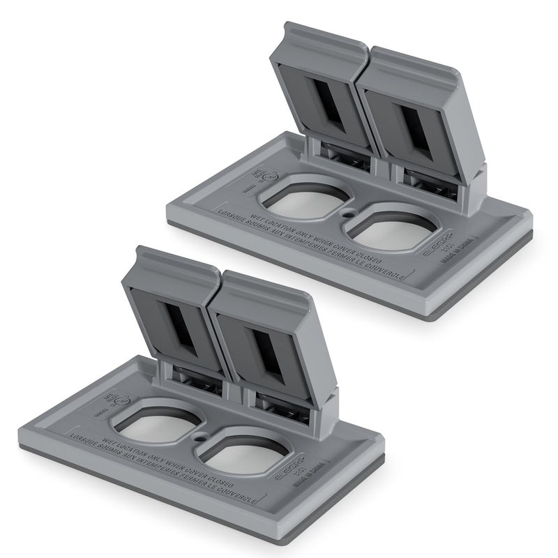 ELEGRP Horizontal Outdoor Cover for Duplex Receptacles 2Hole Weatherproof Wall Plate Outdoor Electrical Outlet Cover Standard Size 1Gang 455 x 302 Thermoplastic 2 Pack Grey