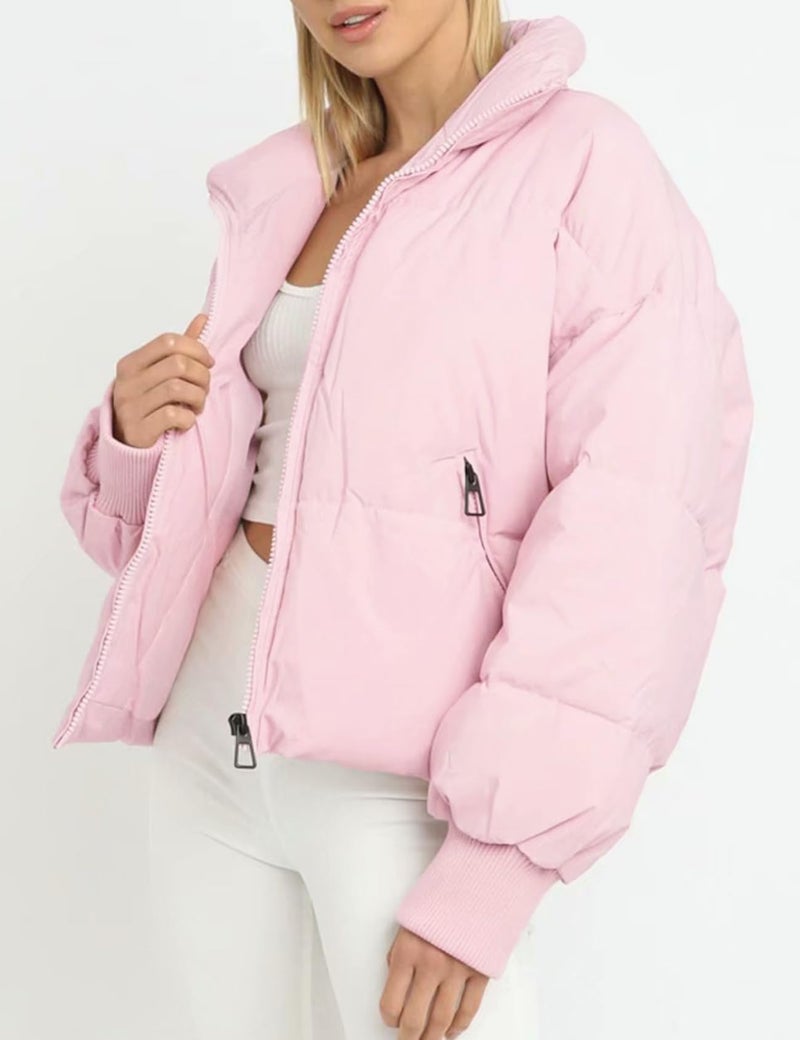 Flygo Winter Cropped Puffer Jacket Coats for Women 2025 Short Warm Quilted Jackets Outerwear with Pockets(Pink-XL) - Image 2