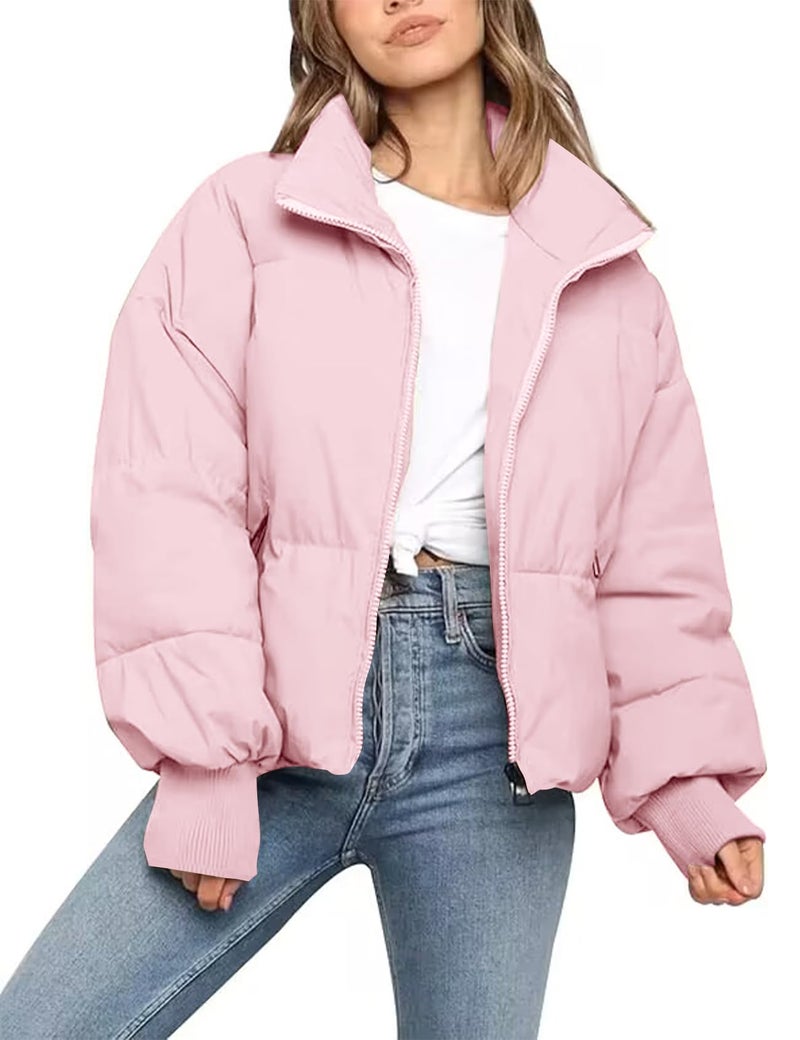 Flygo Winter Cropped Puffer Jacket Coats for Women 2025 Short Warm Quilted Jackets Outerwear with Pockets(Pink-XL) - Image 1