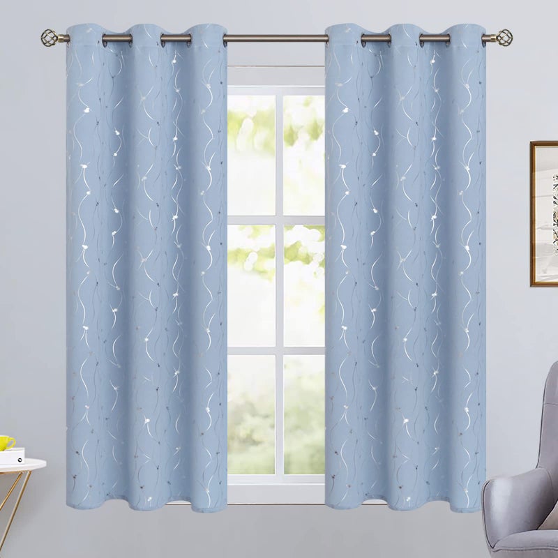 BGment Room Darkening Curtains 45 Inches Long  Grommet Thermal Insulated Blackout Curtains with Wave Line and Dots Printed for Bedroom  2 Panels  Each 42 x 45 Inch  Light Blue - Image 2