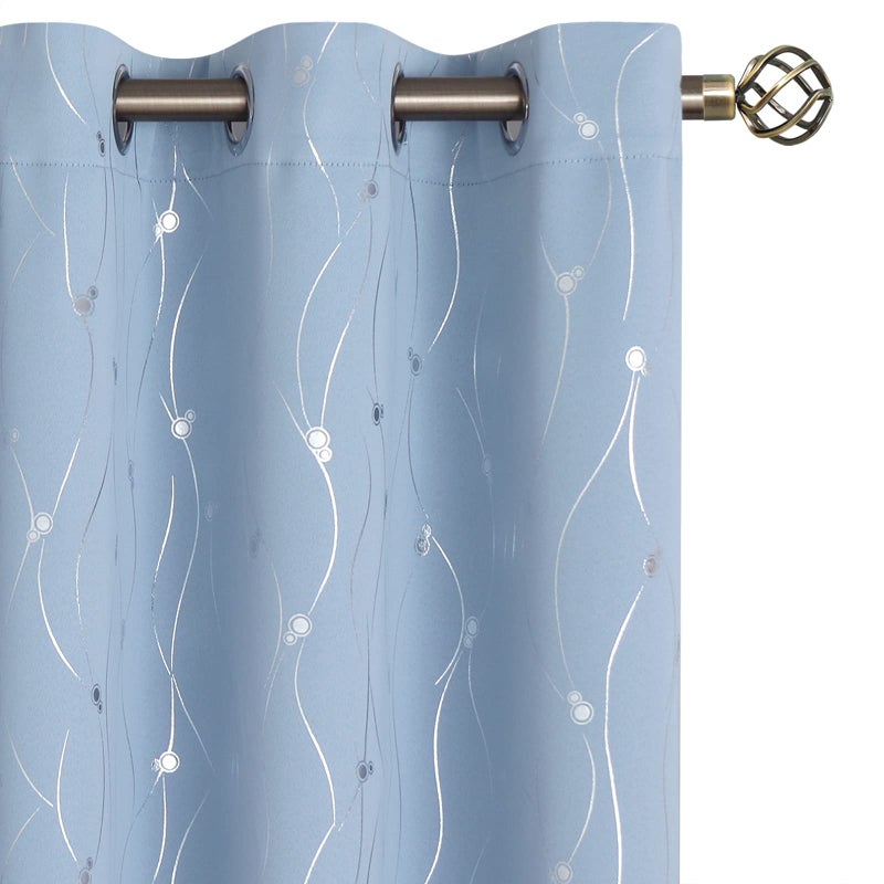 BGment Room Darkening Curtains 45 Inches Long  Grommet Thermal Insulated Blackout Curtains with Wave Line and Dots Printed for Bedroom  2 Panels  Each 42 x 45 Inch  Light Blue - Image 1