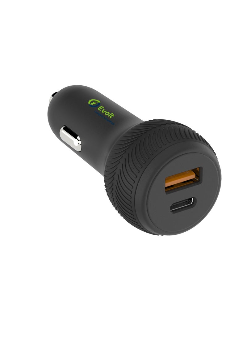 Evolt - CC-100 38W PD Car Charger Dual TYPE-C & USB with TYPE-C to Lightning Cable 1M BLACK - Image 1