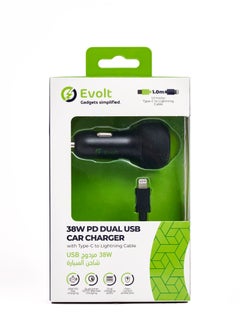 Evolt CC-100 38W PD Car Charger Dual TYPE-C & USB with TYPE-C to Lightning Cable 1M BLACK  - Image 5