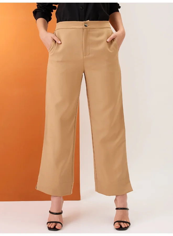 globus Globus Women Khaki Solid Mid-Rise Bottom Hem Slits Relaxed Fit Formal Trousers