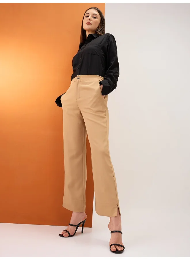 globus Globus Women Khaki Solid Mid-Rise Bottom Hem Slits Relaxed Fit Formal Trousers