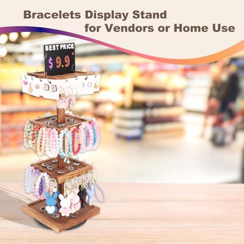 BDBDYEAY Bracelet Holder 360 Rotating Jewelry Holder Organzier with Tray Wooden Jewelry Tower with 48 Hooks 4Tier Large Capacity Jewelry Display Stand for Vendors Sell Bracelet Keychain Earring - Image 3
