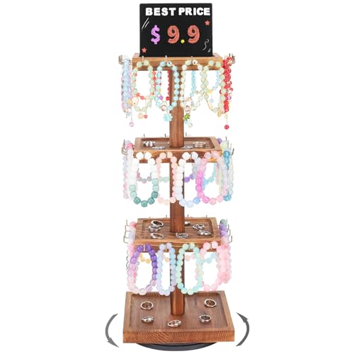 BDBDYEAY Bracelet Holder 360 Rotating Jewelry Holder Organzier with Tray Wooden Jewelry Tower with 48 Hooks 4Tier Large Capacity Jewelry Display Stand for Vendors Sell Bracelet Keychain Earring - Image 1