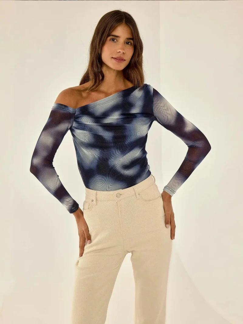 HICCUP Asymmetrical Collar Tulle Blouse