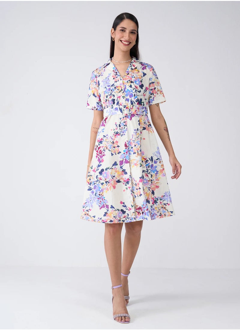 Salt Attire Women's Elegant Floral Midi Dress with Notched Collar, Buckled Fabric Belt, and Convenient Side Pockets - Perfect for Effortless Style and Versatile Occasions  - Image 1