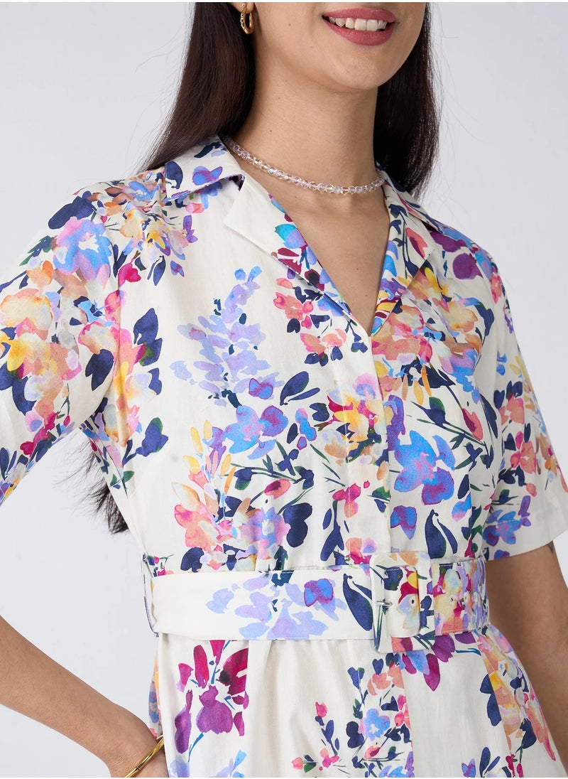Salt Attire Women's Elegant Floral Midi Dress with Notched Collar, Buckled Fabric Belt, and Convenient Side Pockets - Perfect for Effortless Style and Versatile Occasions  - Image 2
