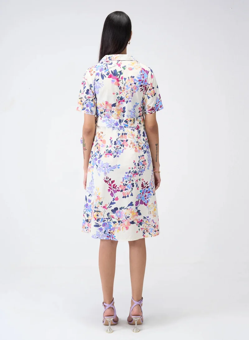 Salt Attire Women's Elegant Floral Midi Dress with Notched Collar, Buckled Fabric Belt, and Convenient Side Pockets - Perfect for Effortless Style and Versatile Occasions