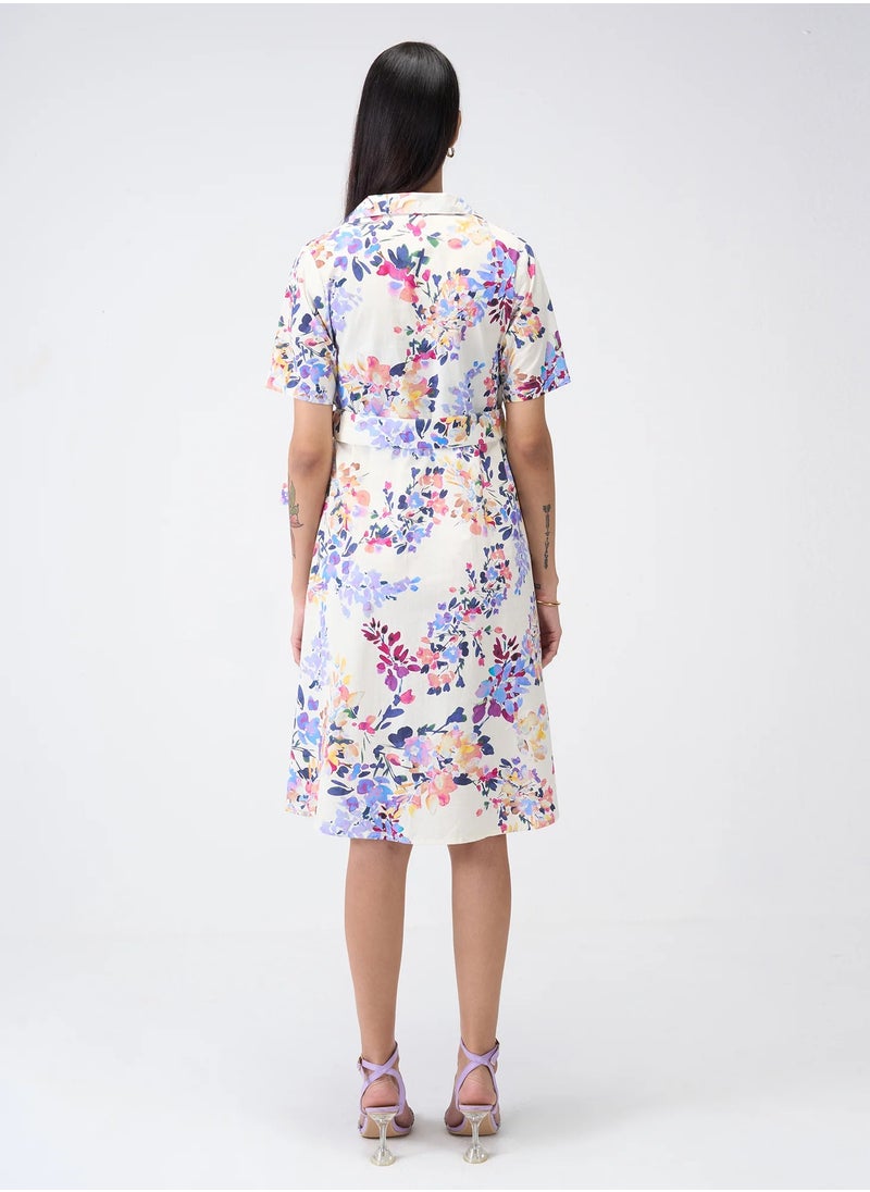 Salt Attire Women's Elegant Floral Midi Dress with Notched Collar, Buckled Fabric Belt, and Convenient Side Pockets - Perfect for Effortless Style and Versatile Occasions  - Image 4