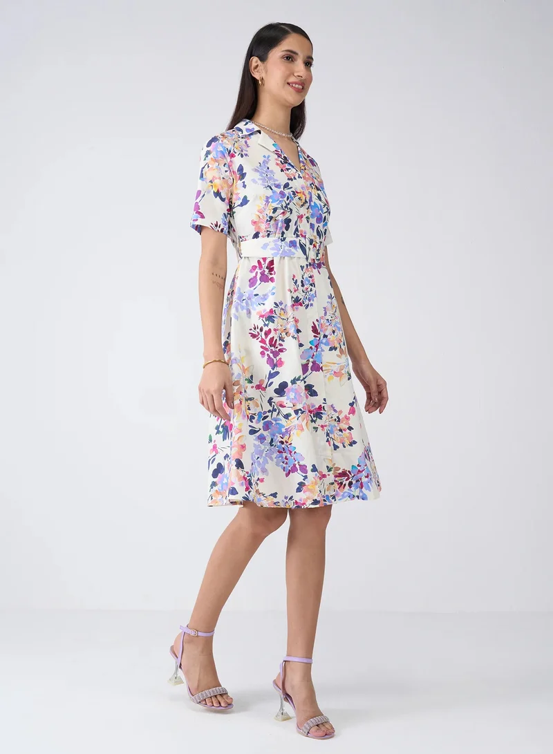 Salt Attire Women's Elegant Floral Midi Dress with Notched Collar, Buckled Fabric Belt, and Convenient Side Pockets - Perfect for Effortless Style and Versatile Occasions