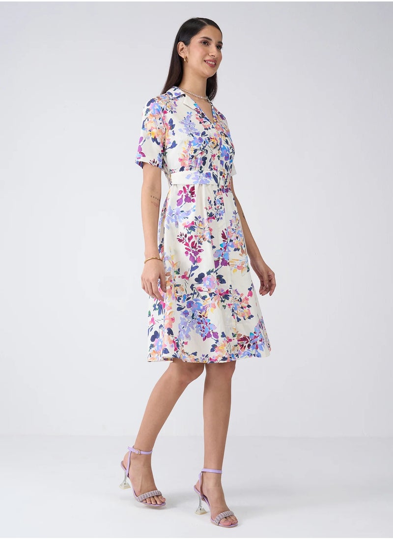 Salt Attire Women's Elegant Floral Midi Dress with Notched Collar, Buckled Fabric Belt, and Convenient Side Pockets - Perfect for Effortless Style and Versatile Occasions  - Image 5