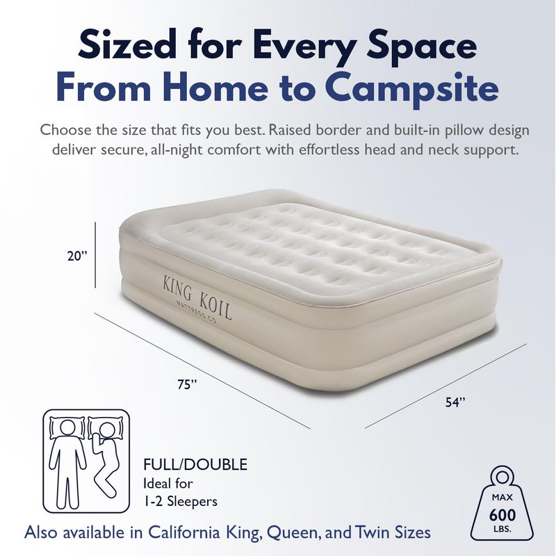 King Koil Luxury Air Mattress 20in Full Size Beige with Built-in Pump for Home, Camping & Guests-Inflatable Airbed Luxury Double High Adjustable Blow Up Mattress, Durable - Portable and Waterproof - Image 2