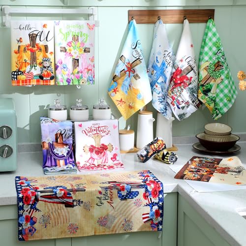 FuWeave 12 Pcs Seasonal Kitchen Towels Set for All Holidays Summer Patriotic Hand Dish Tea Towels Bulk Absorbent Dishcloths Housewarming Gift for Cooking Kitchen BathroomCross StyleVivid Color - Image 3