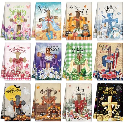 FuWeave 12 Pcs Seasonal Kitchen Towels Set for All Holidays Summer Patriotic Hand Dish Tea Towels Bulk Absorbent Dishcloths Housewarming Gift for Cooking Kitchen BathroomCross StyleVivid Color - Image 1