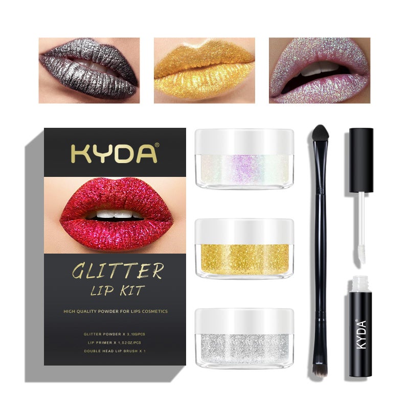 KYDA 3 Colors Glitter Lip Kit, Diamond Metllic High Pigmented Powder for Lips Cosmetics, Glitter Lips Makeup,with Lip Primer and Brush, Long Wear-Set D - Image 1