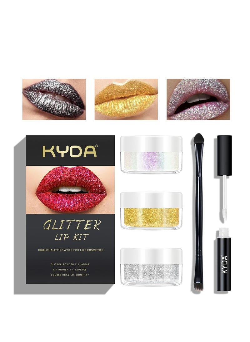 KYDA KYDA 3 Colors Glitter Lip Kit, Diamond Metllic High Pigmented Powder for Lips Cosmetics, Glitter Lips Makeup,with Lip Primer and Brush, Long Wear-Set D  - Image 1
