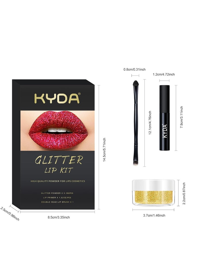 KYDA KYDA 3 Colors Glitter Lip Kit, Diamond Metllic High Pigmented Powder for Lips Cosmetics, Glitter Lips Makeup,with Lip Primer and Brush, Long Wear-Set D  - Image 3