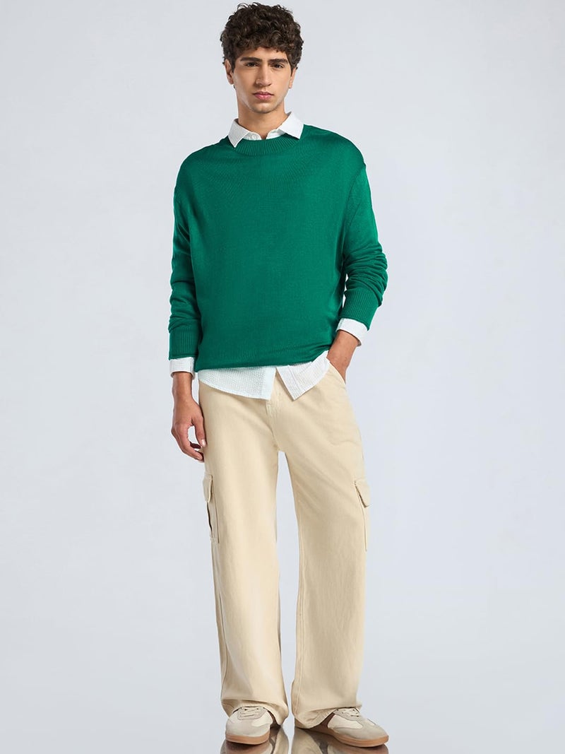 Bewakoof Men's Solid Oversized Fit Full Sleeve Round Neck Acrylic Sweater Green - Image 2