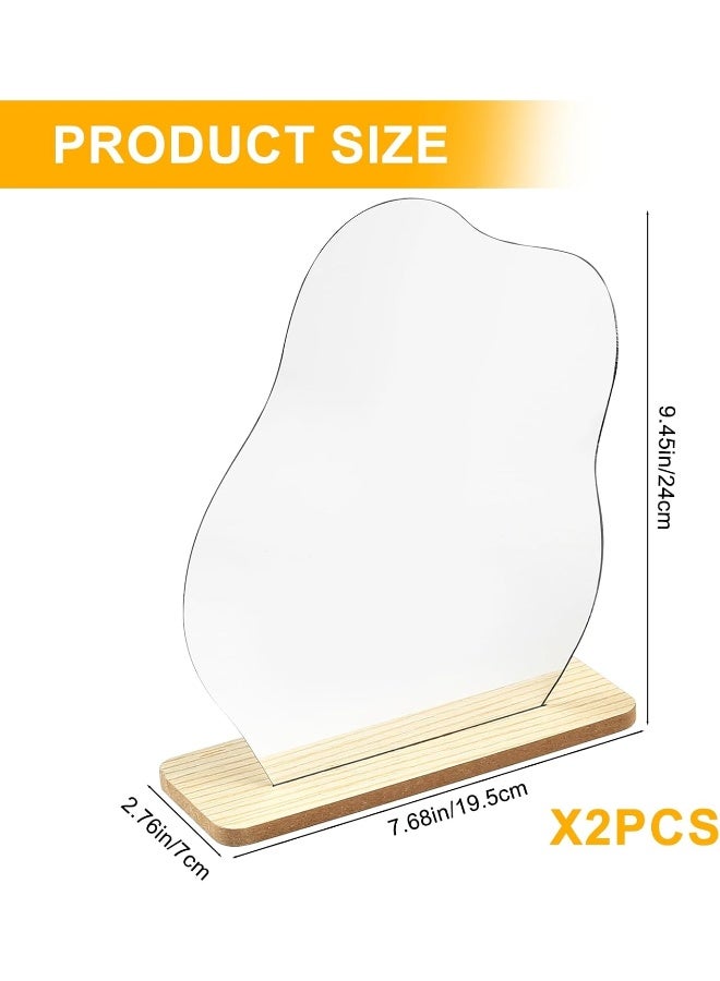 TPGP Aesthetic Mirror, Pack Of 2 Acrylic Make-Up Mirrors, Frameless, Asymmetrical Mirror, Small With Wooden Base, Decorative Irregular Cosmetic Table Mirror For Bathroom, Office, Bedroom  - Image 2