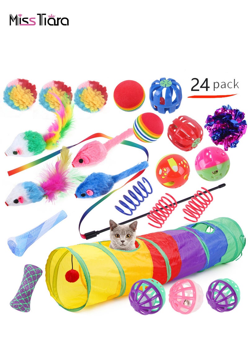 MissTiara 24 قطعة من ألعاب القطط، ألعاب القطط الصغيرة، ألعاب القطط التفاعلية للقطط الداخلية، نفق القطط، عصا تشويق متنوعة مع ريش، ألعاب القطط للقطط الصغيرة، سمكة النعناع البري، الفئران، الكرات لمحبي الحيوانات الأليفة القطط - Image 1