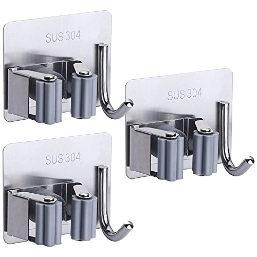 Shynora (3-Pack Self Adhesive Mop and Broom Holder Wall Mounted (No Drilling Required) Broom - Mop Stick Holder Stand and Organizer | Wiper Holder on Wall | SUS-304 (Grey Colour) - Image 1