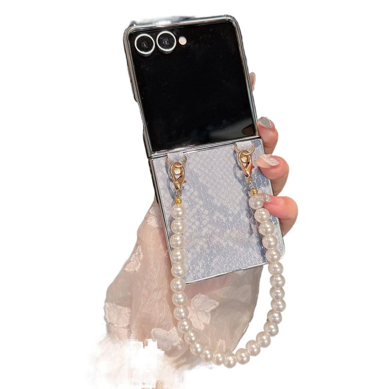 Drop Protection PC for Samsung Galaxy Z Flip 4 with Electroplated Snake Pattern and Pearl Chain in Blue with Lightweight Carry - Image 1