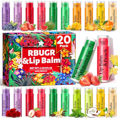 RBUGR 20 Pack Lip Balm Bulk- 12 Flavored Lip Balm Set Natural Moisturizing Hydrating for Dry Cracked Lips, Valentines Gifts for Women & Party Favors Mini Balm Pack (4.2g/0.15oz) - Image 1
