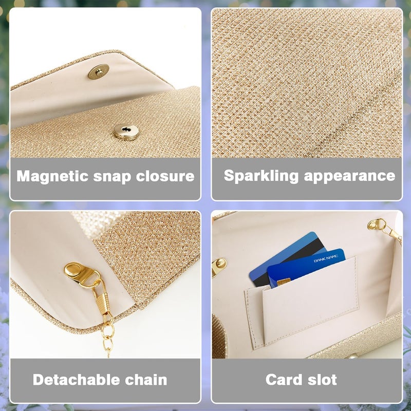 BBjinronjy Clutch Purses for Women,Evening Bag Envelope Clutch with Detachable Chain Sparkle Elegance (Champagne Gold) - Image 5