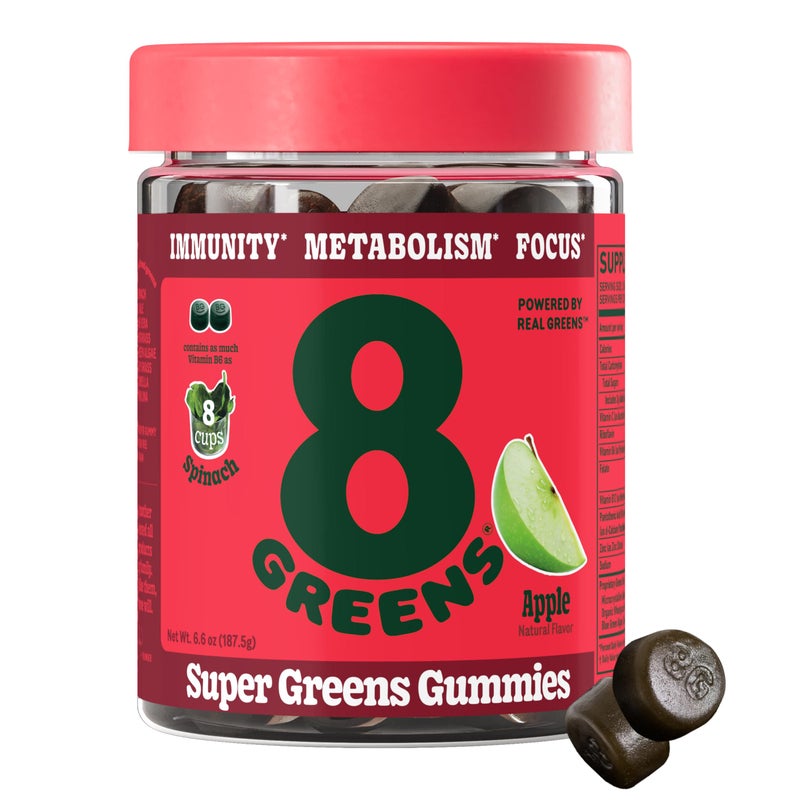 8Greens Supergreens Gummies Super Greens Powder Superfood Gummy for Metabolism Immunity Focus Digestive Health Enzymes Organic Chlorella Spirulina Aloe Vera Apple Flavor 50 Count