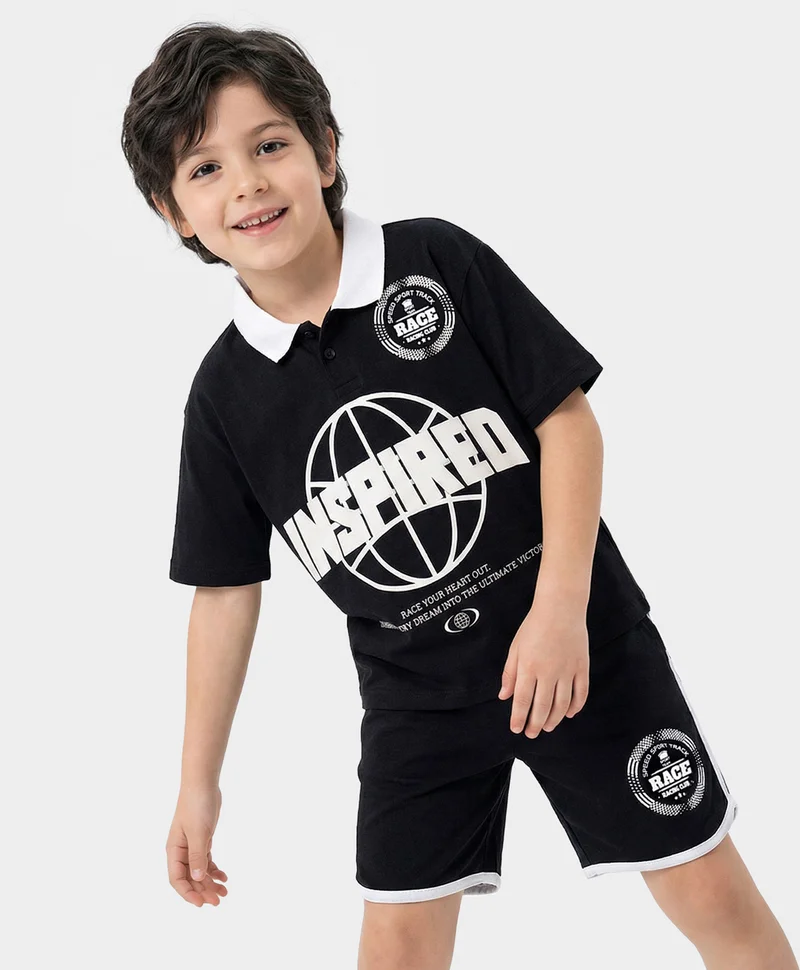 Primo Gino Primo Gino 100% Cotton HD Printed Half Sleeves Polo T-Shirt & Shorts Set - Black & White